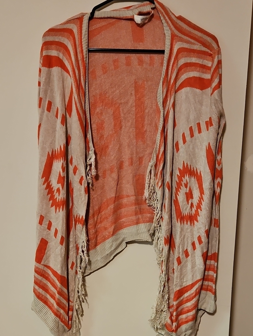 Umgee Orange & Cream Geometric Fringe Poncho Cardigan